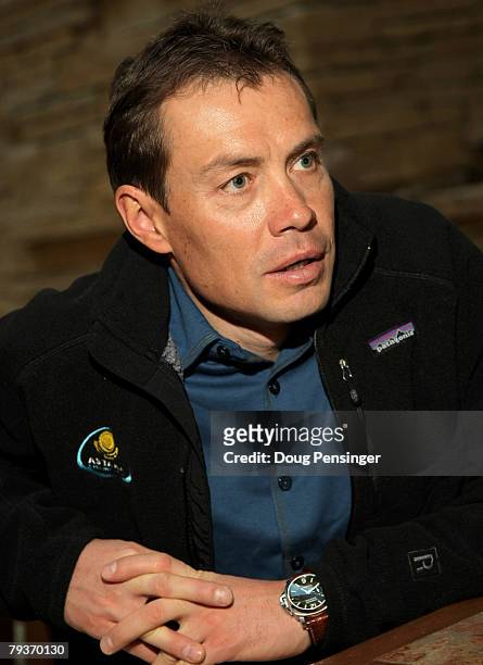 Viatcheslav Ekimov of Russia and Director Sportif of the Astana Cycling Team is interviewed by the media as the Astana Cycling Team holds a press...