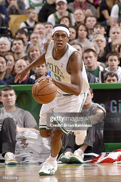 Rajon Rondo of the Boston Celtics moves the ball during the NBA game against the Houston Rockets at the TD Banknorth Garden on January 2, 2008 in...