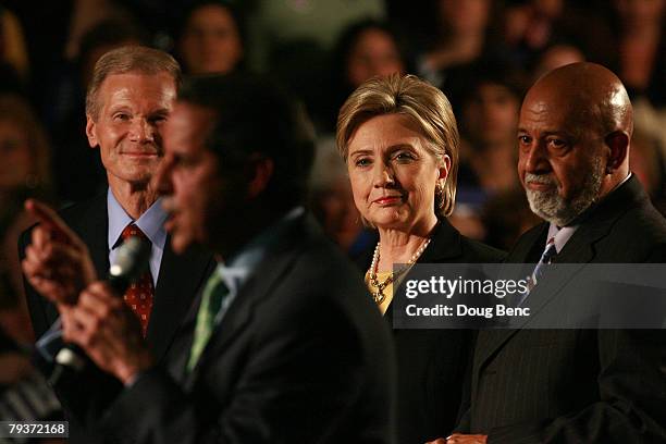 Sen. Bill Nelson , Democratic Presidential hopeful Sen. Hillary Clinton and Rep. Alcee Hastings listen to Miami Mayor, Manny Diaz speak during a post...