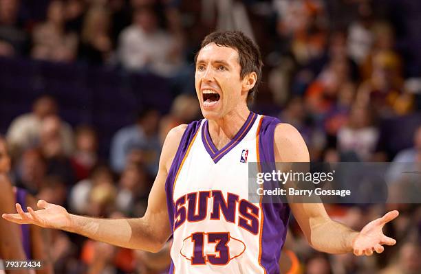 Steve Nash of the Phoenix Suns argues a call against the Atlanta Hawks in an NBA game at U.S. Airways Center on January 29, 2008 in Phoenix, Arizona....