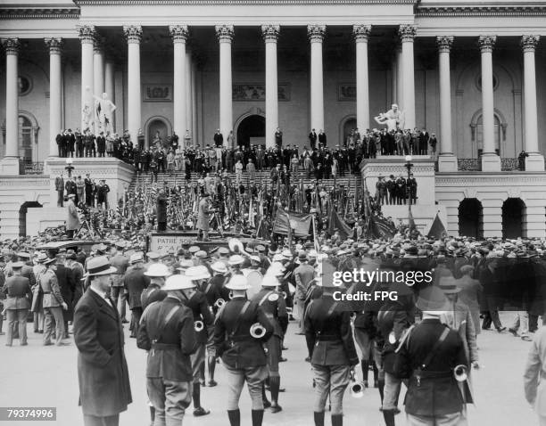 Veterans of World War I gather on Capitol Hill in Washington, to demand the immediate payment of a cash bonus promised to them eight years before,...