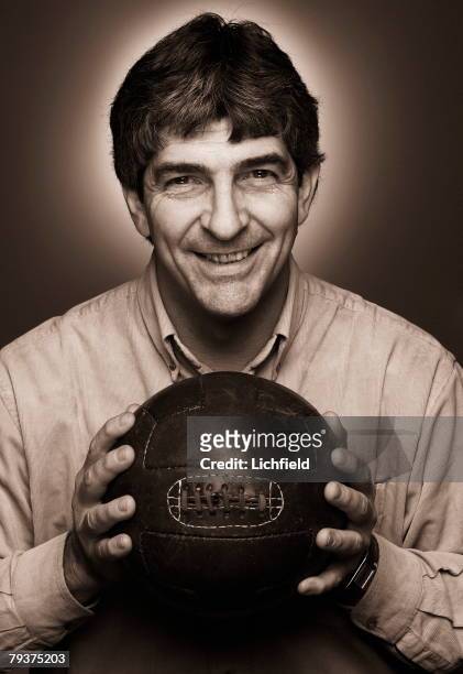 Former Italian striker and World Cup winner Paolo Rossi, holding an old fashioned leather football, 5th December 2003. He also played for Vicenza,...