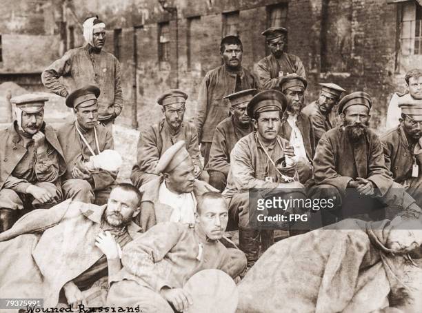 Wounded Russian soldiers on the Eastern Front during World War I, circa 1916.