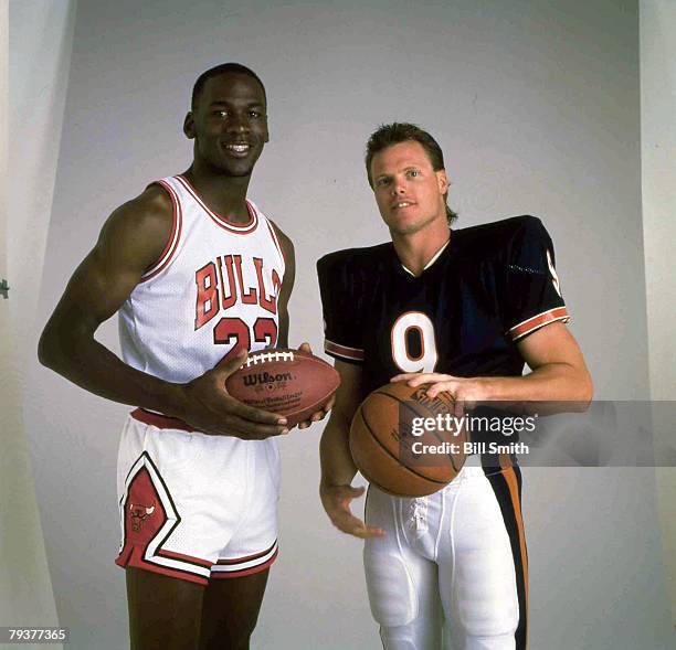 Quarterback Jim McMahon of the NFL Chicago Bears and guard Michael Jordan of the NBA Chicago Bulls. Circa 1980's.