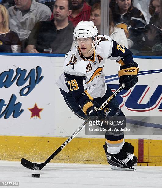 Jason Pominville of the Buffalo Sabres skates with the puck against the Tampa Bay Lightning at St. Pete Times Forum on January 29, 2008 in Tampa,...