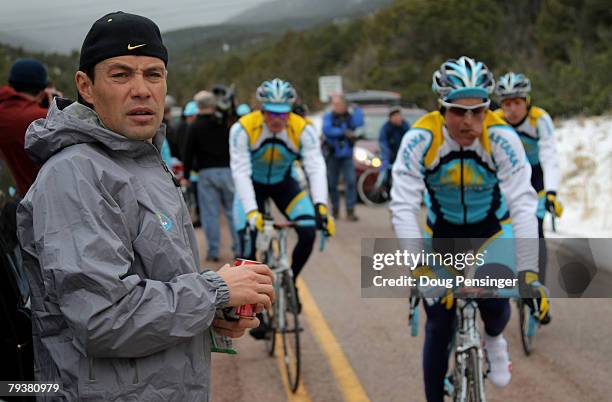 Viatcheslav Ekimov of Russia and Director Sportif of the Astana Cycling Team oversees a chilly morning training ride on January 30, 2008 in...
