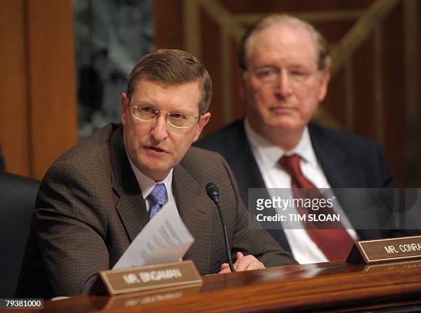 Senator Kent Conrad makes remarks during the Senate Finance Committee hearing to draft an alternative to the stimulus package offered by the House of...