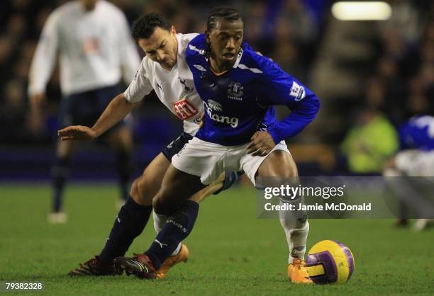 Manuel Fernandes battles with Steed Malbranque of Spurs during the Barclays Premier League match between Everton and Tottenham Hotspur at Goodison...