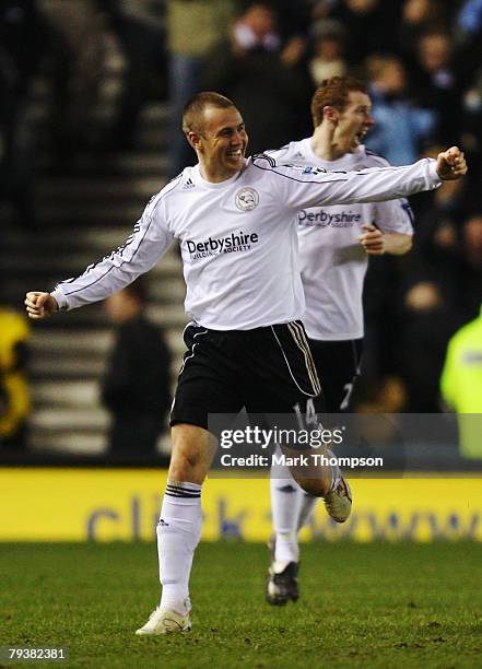 Kenny Miller of Derby County celebrates as his shot is deflected into his own goal by Sun Jihai of Manchester City during the Barclays Premier League...