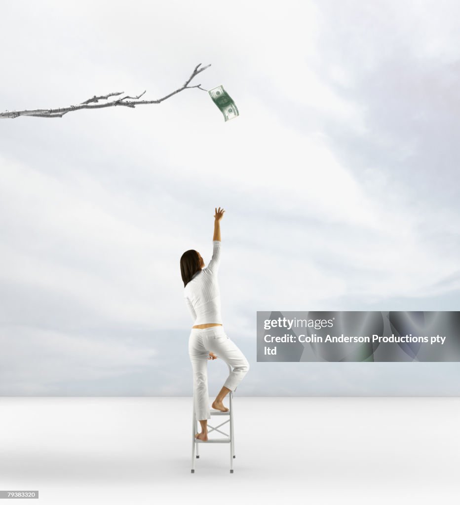 Pacific Islander woman reaching for dollar on tree