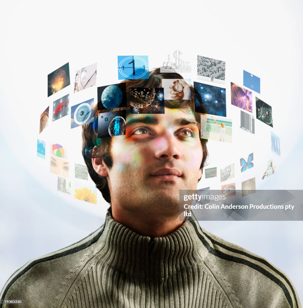 Man with images circling head