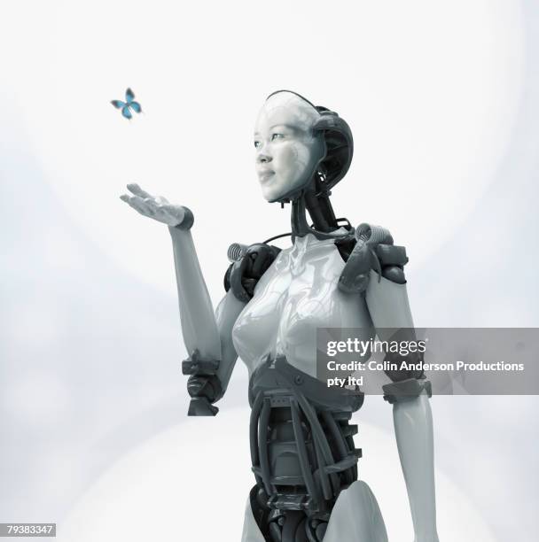 digital composite of asian woman's face on robot - female likeness stock-fotos und bilder