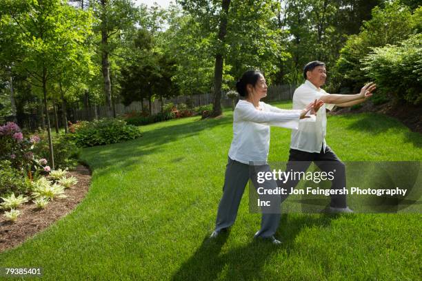 senior asian couple practicing tai chi - woman and tai chi stock pictures, royalty-free photos & images