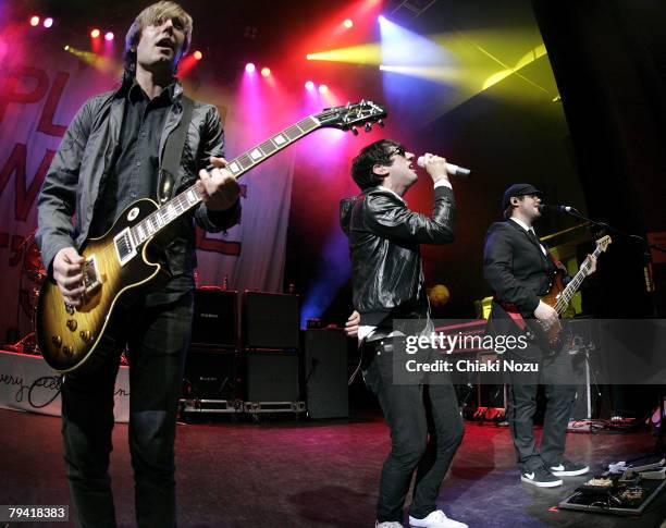 Musician Tom Higgenson, Mike Retondo and Tim Lopez of Plain White T's perform at Shepherd's Bush Empire on January 30, 2008 in London, England.