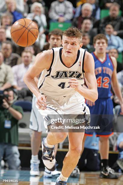 Andrei Kirilenko of the Utah Jazz chases down a loose ball as David Lee of the New York Knicks looks on at EnergySolutions Arena on January 30, 2008...