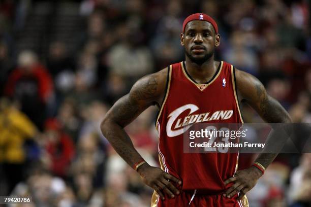 LeBron James of the Cleveland Cavaliers watches the g ame againstthe Portland Trail Blazers at the Rose Garden on January 30, 2008 in Portland,...