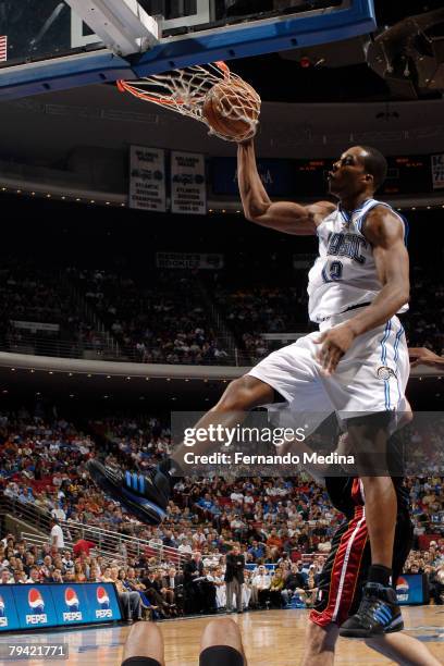 Dwight Howard of the Orlando Magic dunks against the Miami Heat at Amway Arena on January 30, 2008 in Orlando, Florida. NOTE TO USER: User expressly...