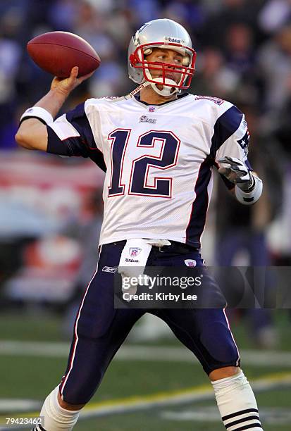 New England Patriots quarterback Tom Brady drops back to pass during 24-21 victory over the San Diego Chargers in AFC Divisional Playoff game at...