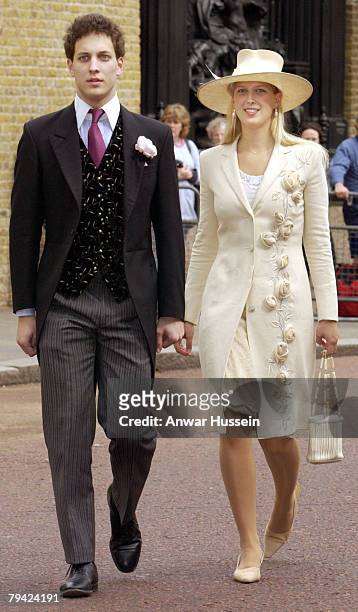Son and daughter to Prince and Princess Michael of Kent, Lord Frederick and Lady Gabriella Windsor, arrive for the wedding of the son to the Duke and...