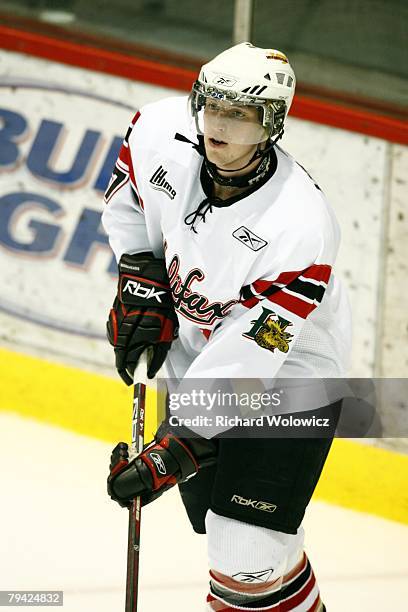 Ryan Hillier of the Halifax Mooseheads skates during the warm up session prior to facing the Val D'Or Foreurs at the Air Creebec Centre on January...