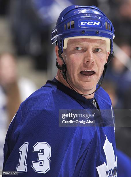 Mats Sundin of the Toronto Maple Leafs looks on during a break in game action against the St. Louis Blues January 29, 2008 at the Air Canada Centre...