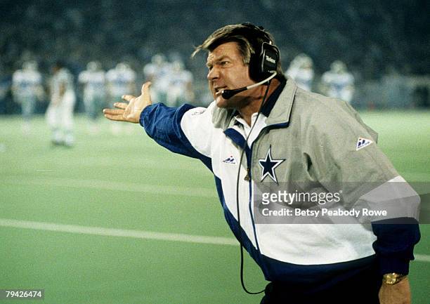 Dallas Cowboys head coach Jimmy Johnson tries to get the officials to see his point of view during the Cowboys 38-6 loss to the Detroit Lions in the...