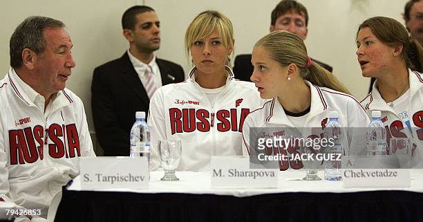 Russian tennis team Coach Shamil Tarpischev and players Maria Sharapova, Anna Chakvetadze and Dinara Safina attend the draw of the Fed Cup matches...