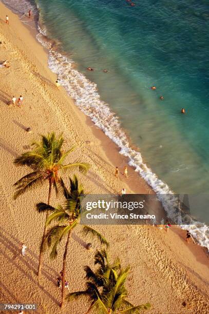 usa, hawaii, honolulu, waikiki beach, people on beach, aerial view - waikiki beach stock pictures, royalty-free photos & images