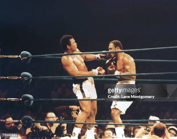View of the boxing match between American heavyweights boxer Muhammad Ali and Joe Frazier at Madison Square Garden, New York, New York, January 28,...