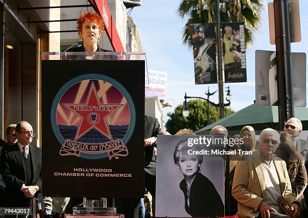 Actress Marcia Wallace speaks at the Hollywood Walk of Fame tribute honoring actress Suzanne Pleshette held in front of the Frederick's of Hollywood...