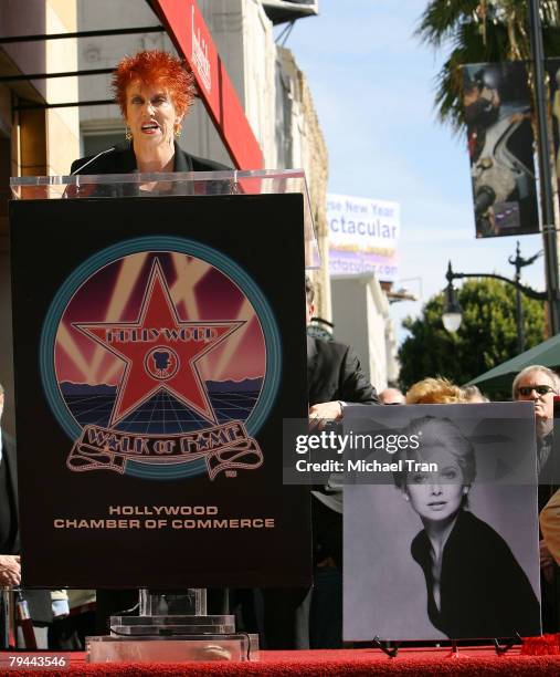 Actress Marcia Wallace speaks at the Hollywood Walk of Fame tribute honoring actress Suzanne Pleshette held in front of the Frederick's of Hollywood...