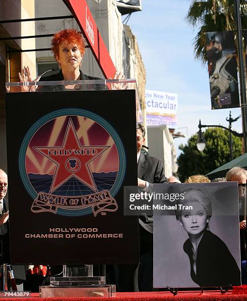 Actress Marcia Wallace speaks at the Hollywood Walk of Fame tribute honoring actress Suzanne Pleshette held in front of the Frederick's of Hollywood...