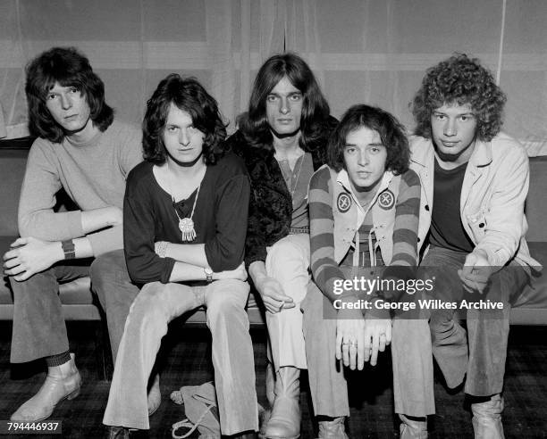 English progressive rock band, Yes, August 1969. Left to right: bassist Chris Squire , singer Jon Anderson, keyboard player Tony Kaye, guitarist...