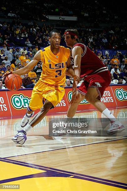 Anthony Randolph of the Louisiana State University Tigers drives the ball against the Arkansas Razorbacks on January 26, 2008 at the Pete Maravich...