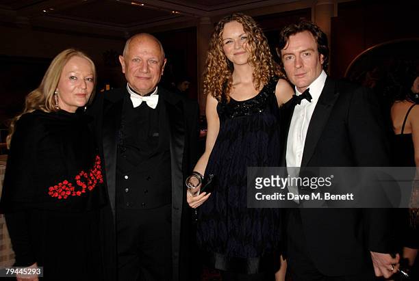 Steven Berkoff with partner Clara Fischer and Toby Stephens with wife Anna-Louise Plowman attend the Morgan Stanley Great Britons 2008, at the...