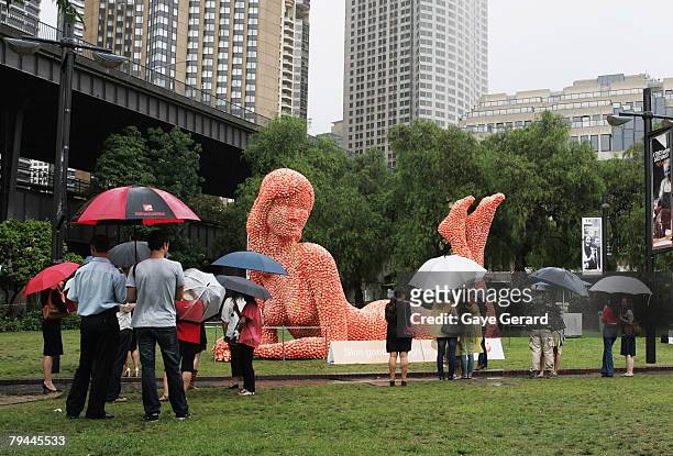 Metre high sculpture modelled on actress Jolene Anderson and made from peaches is seen in Fleet Park on February 1, 2008 in Sydney, Australia.