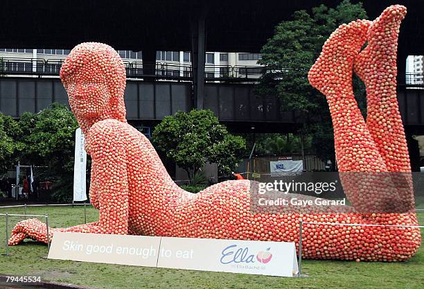 Metre high sculpture modelled on actress Jolene Anderson and made from peaches is seen in Fleet Park on February 1, 2008 in Sydney, Australia.