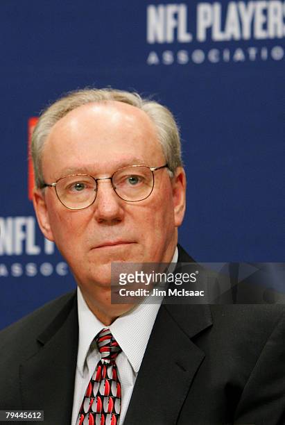 General Counsel Richard Berthelsen of the National Football League Players Association speaks to the media during a news conference prior to Super...