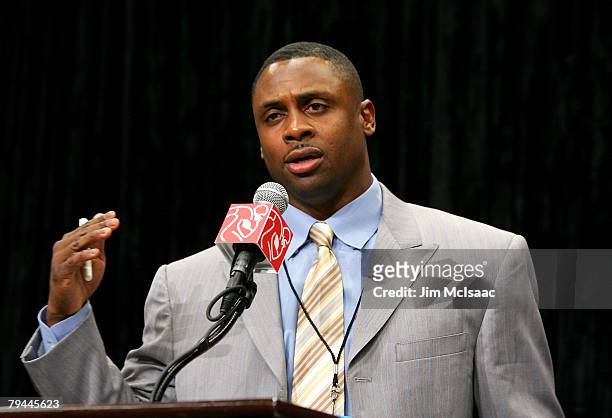 Former NFL player and President of the National Football League Players Association Troy Vincent speaks to the media during a news conference prior...