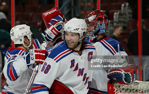 Jaromir Jagr of the New York Rangers celebrates a win over the Philadelphia Flyers on January 31, 2008 at the Wachovia Center in Philadelphia,...