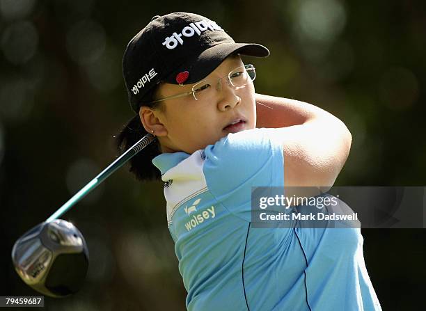 Ji-Yai Shin of Korea tees off on the fourth hole during round two of the Women's Australian Golf Open 2008 at Kingston Heath Golf Club on February 1,...