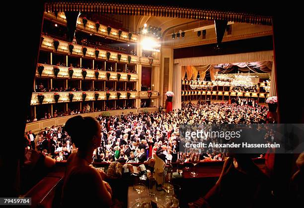 Dancers dance in the opera house at a traditional opera ball in Vienna on January 31, 2008 in Vienna, Austria.