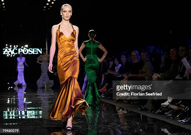 Model walks down the catwalk at the Zac Posen fashion show during the Mercedes-Benz Fashionweek Berlin autumn/winter 2008 on January 31, 2008 in...