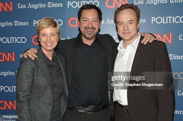 Producer Cathy Konrad, director James Mangold and actor Bradley Whitford attend the CNN, LA Times, POLITICO Democratic Debate at the Kodak Theatre on...