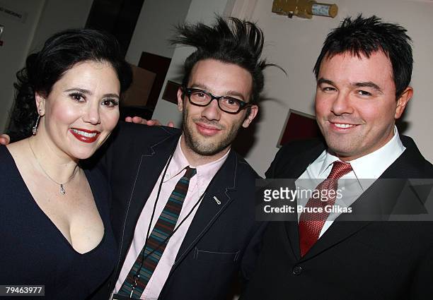 Actors Alex Borstein and Seth MacFarlane pose backstage with Producer Jared Geller at "An Evening with Family Guy's Alex Borstein & Seth MacFarlane:A...