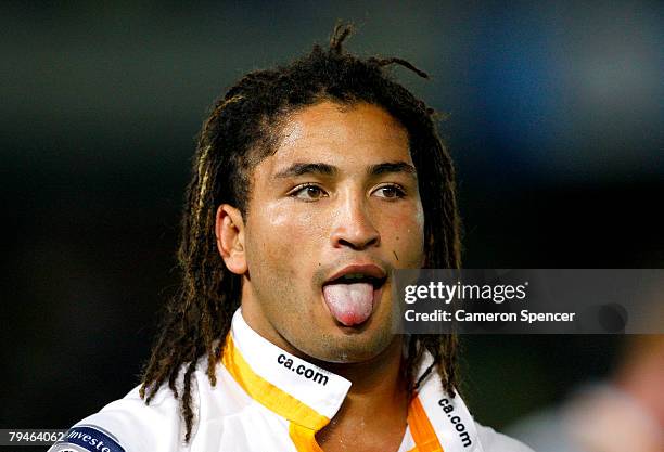 Saia Faingaa of the Brumbies pokes his tongue out during the Super 14 trial match between the NSW Waratahs and the ACT Brumbies at Bluetongue Central...