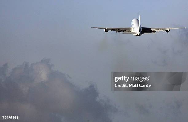 An Airbus A380 takes off from Filton Runway on February 1 2008 in Bristol, United Kingdom. Airbus were testing a new synthetic fuel on the passenger...