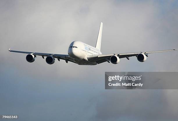 An Airbus A380 takes off from Filton Runway on February 1 2008 in Bristol, United Kingdom. Airbus were testing a new synthetic fuel on the passenger...