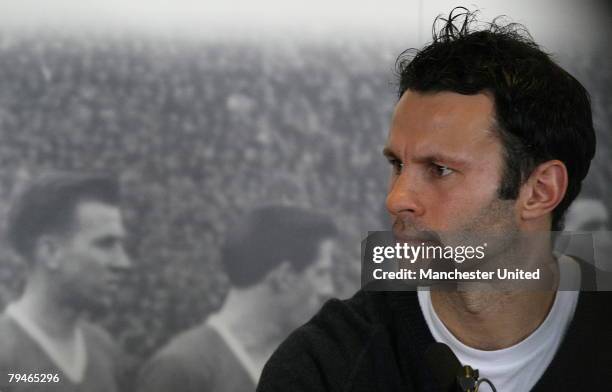 Ryan Giggs of Manchester United speaks during a press conference concerning the 50th anniversary of the Munich Air Disaster at Carrington Training...