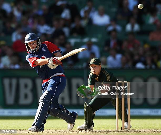 Nicky Shaw of England hits a pull shot during the Women's Twenty20 International match between the Australian Southern Stars and England at the...